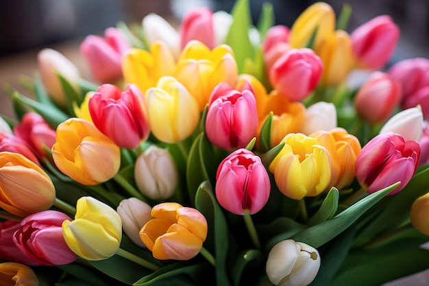 Primer plano de un ramo de tulipanes rosados, amarillos y blancos en una floristería