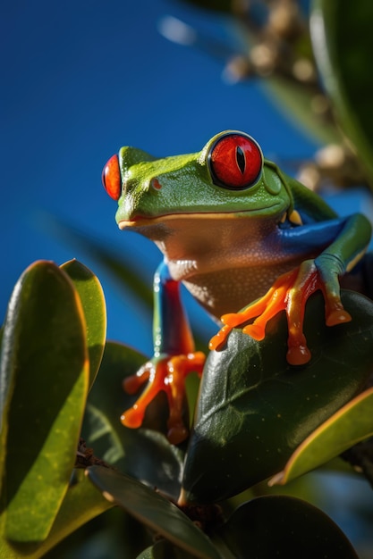 Primer plano de una rana de árbol de ojos rojos en una hoja creada utilizando tecnología de IA generativa