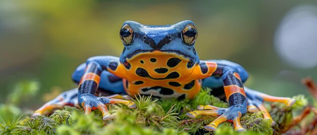 Foto un primer plano de la rana dendrobates tinctorius azureus en el musgo