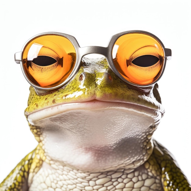 Primer plano de una rana con gafas de sol sobre un fondo blanco