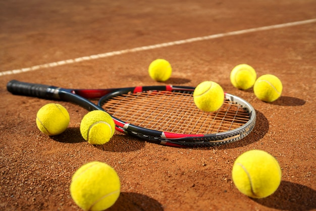 Primer plano, de, raqueta, y, pelotas de tenis