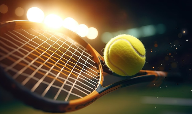Un primer plano de una raqueta de tenis golpeando la pelota frente a los reflectores