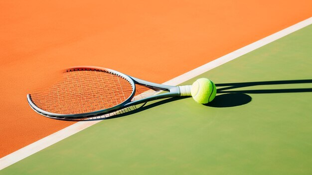En primer plano, una raqueta de tenis sobre la pelota.