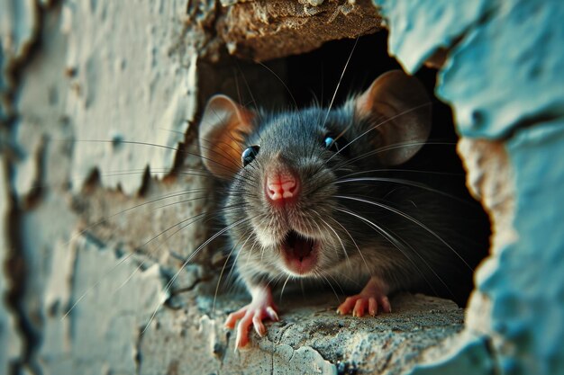 Foto un primer plano de una rata mirando desde detrás de la pared