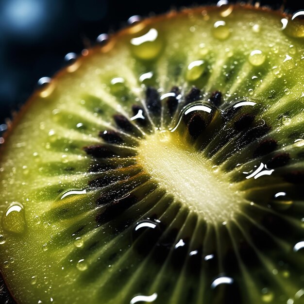 Un primer plano de una rebanada de kiwi con gotas de agua en ella