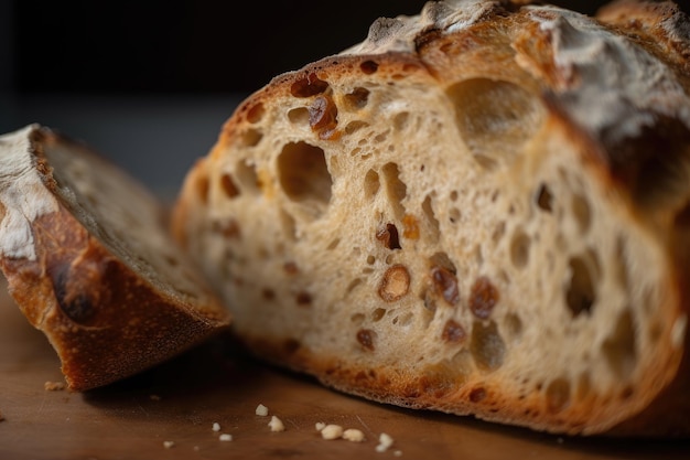 Primer plano de una rebanada de pan de masa fermentada con agujeros grandes y corteza crujiente creada con ai generativa