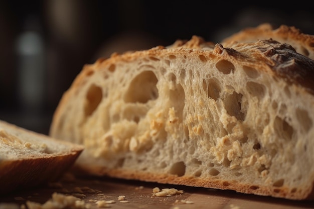 Primer plano de una rebanada de pan recién horneado con corteza visible y miga creada con ai generativo
