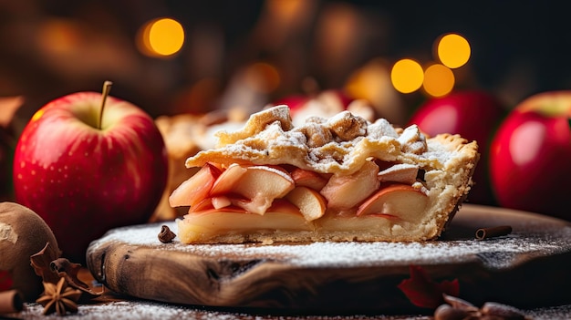 Un primer plano de una rebanada de pastel de manzana recién horneado