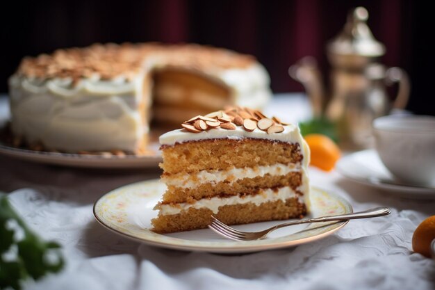 Un primer plano de una rebanada de pastel de zanahoria con una salpicadura de nueces picadas