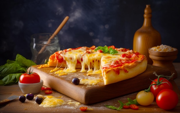 Primer plano de una rebanada de pizza en una tabla de cortar con aceitunas IA generativa