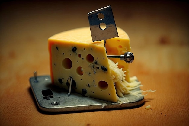 Primer plano de una rebanada de queso con ratonera lista para romperse