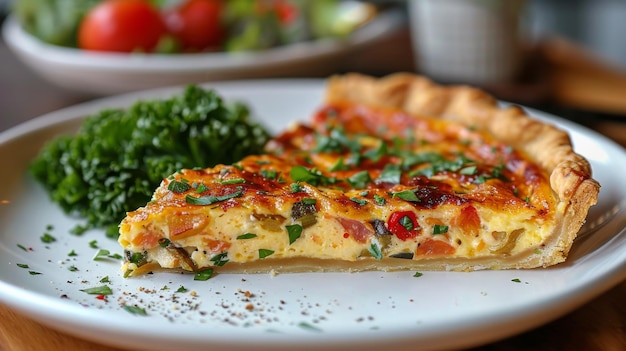 Un primer plano de una rebanada de quiche en un plato