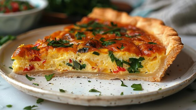 Un primer plano de una rebanada de quiche en un plato