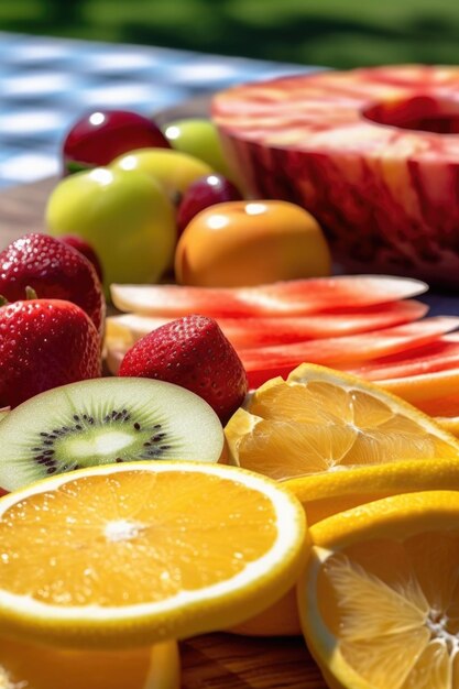 Foto primer plano de rebanadas de frutas refrescantes en una mesa de picnic creada con ia generativa