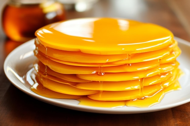 Un primer plano de rebanadas de mango dispuestas en un plato con yogur