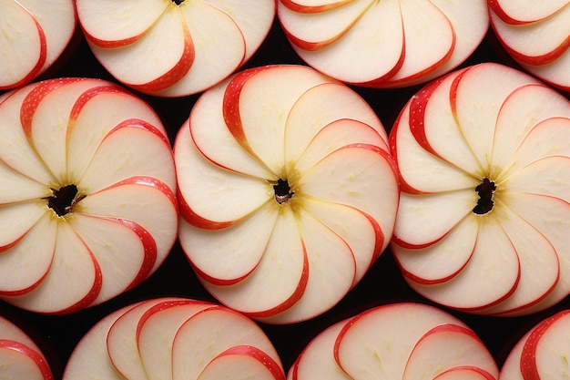 Un primer plano de rebanadas de manzanas dispuestas en un patrón circular en un plato blanco