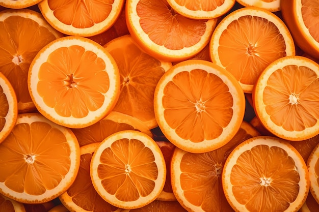 Un primer plano de rebanadas de naranja en una superficie marrón oscuro IA generativa