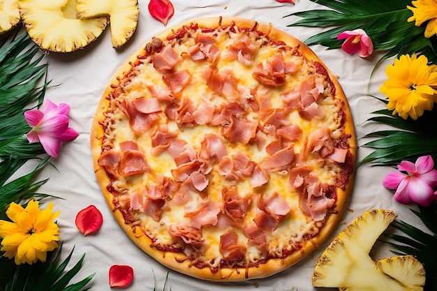 Un primer plano de las rebanadas de piña dispuestas en una pizza hawaiana