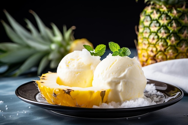 Un primer plano de las rebanadas de piña en un plato con helado de vainilla