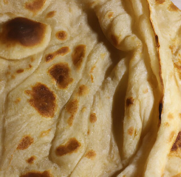 Primer plano de rebanadas planas de pan roti horneado sobre fondo blanco