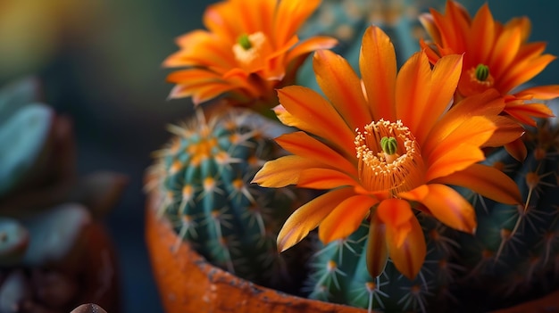 Foto primer plano de rebutia fabrisii cactus de flor de naranja en una olla pequeña ia generativa