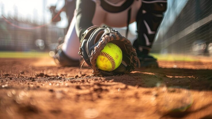 Primer plano de un receptor de softbol arrodillado y sosteniendo la pelota lista para el juego