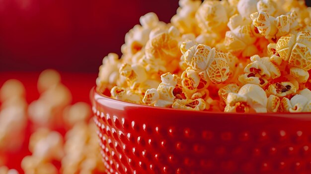 Foto primer plano de un recipiente clásico lleno de palomitas de maíz con un rojo vívido en contraste con los granos amarillos