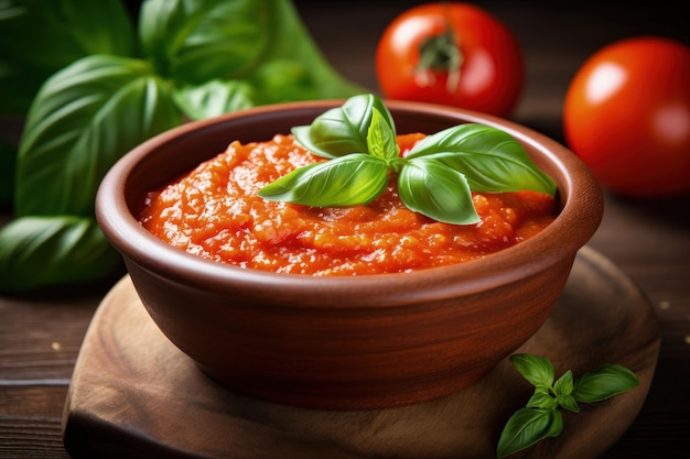 Primer plano de un recipiente de madera con salsa de tomate rojo fresco y albahaca