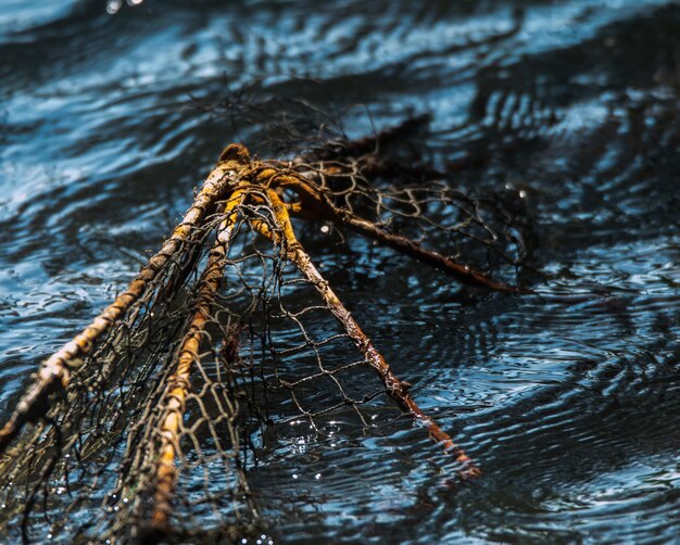 Primer plano de una red de pesca en un lago