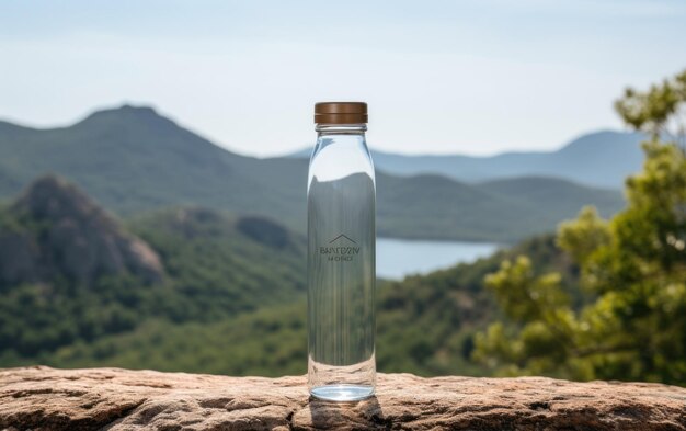 Primer plano de una refrescante botella de agua sobre una roca con vistas a las montañas