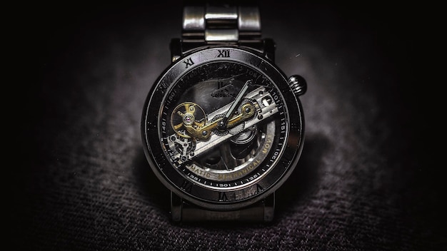 Primer plano de un reloj de pulsera en la mesa en el cuarto oscuro