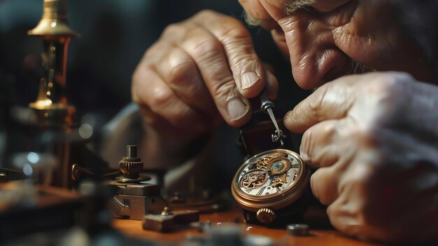 Un primer plano de un relojero reparando un reloj El relojero está usando un destornillador para quitar la parte de atrás del reloj