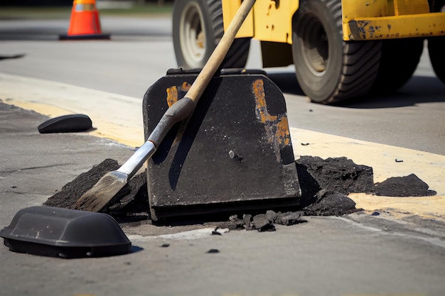 Primer plano de la reparación de la superficie de la carretera con herramientas y equipos visibles