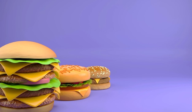 Primer plano de representación 3D tamaño múltiple de hamburguesa Ilustración 3D concepto de comida rápida y espacio de copia