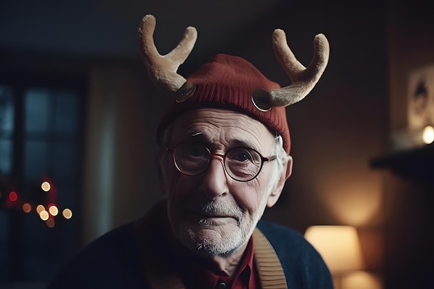 Foto primer plano retrato de un anciano con gafas y un sombrero con astas de ciervo en la habitación concepto navideño