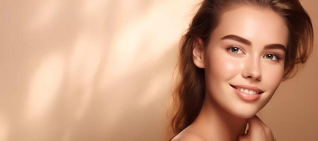 Foto primer plano retrato de belleza de una hermosa mujer sobre fondo beige promoción del cuidado de la piel saludable