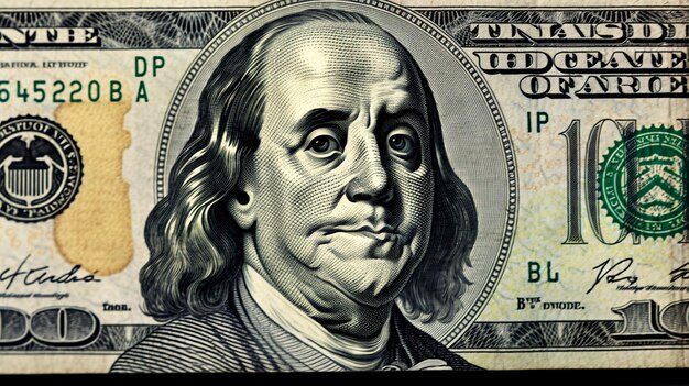 Primer plano del retrato de Benjamin Franklin en un billete de cien dólares