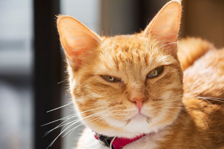 Primer plano de un retrato de la cara de un gato rubio iluminado por la luz solar.