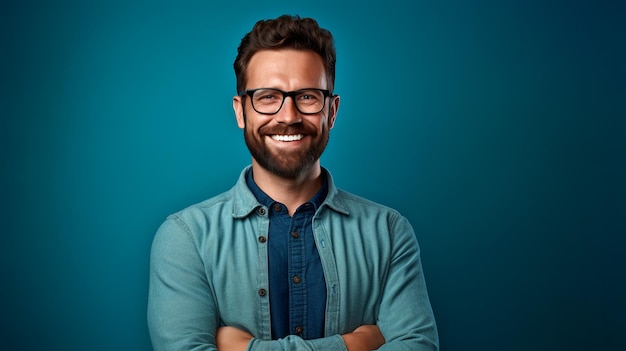 Primer plano retrato de un elegante y apuesto hombre barbudo con gafas y sonriendo Creado con tecnología de IA generativa