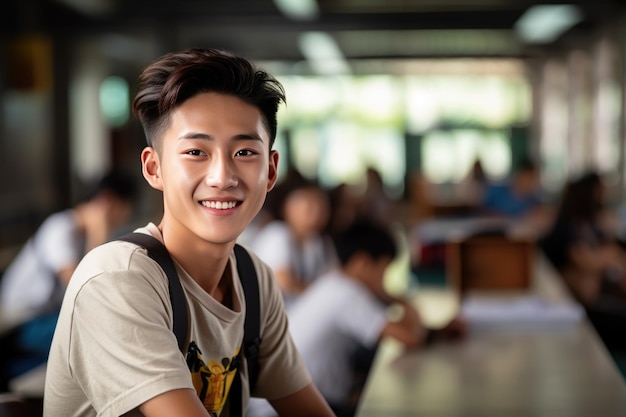 Primer plano del retrato de un estudiante asiático en el aula
