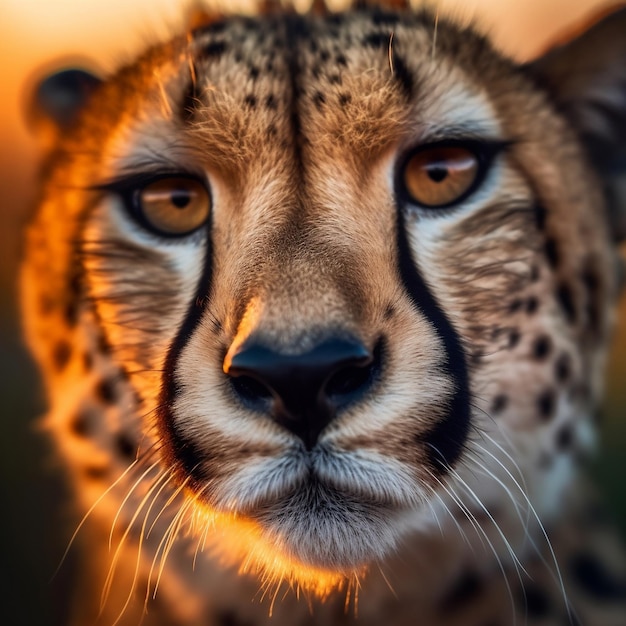 Primer plano Retrato de guepardo al atardecer Fotografía majestuosa de vida salvaje IA generativa