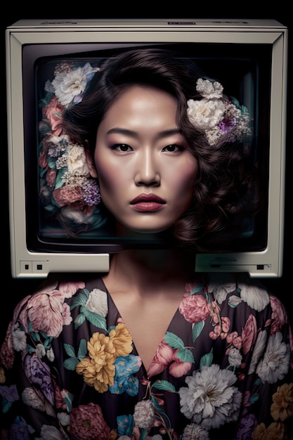 Primer plano retrato de una hermosa mujer asiática contra el fondo de un televisor retro