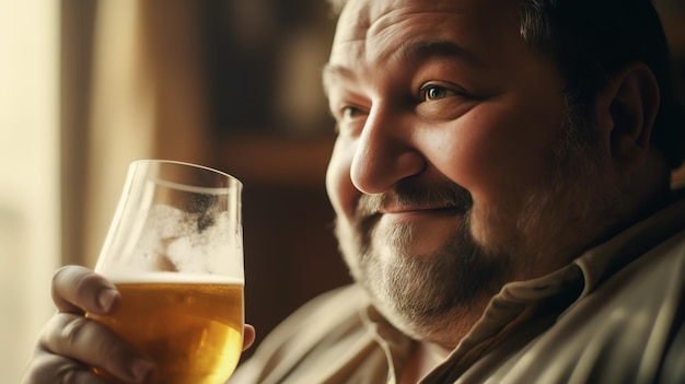 Primer plano retrato de un hombre gordo y sonriente con un vaso de cerveza