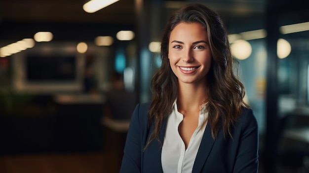 Primer plano retrato de una joven empresaria sonriente en traje de pie contra el fondo de la oficina Creado con tecnología de IA generativa