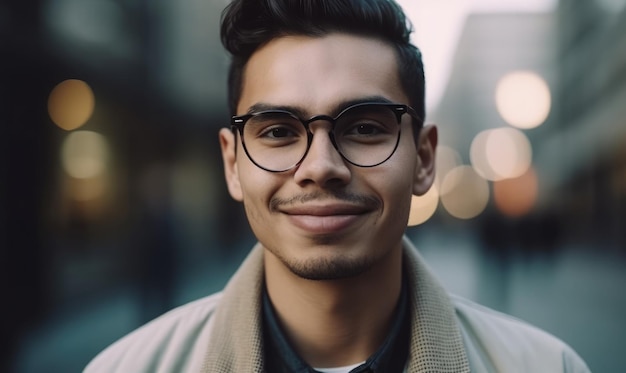 Foto primer plano retrato de un joven empresario hispano sonriendo y mirando la cámara en la ia generativa del espacio de trabajo