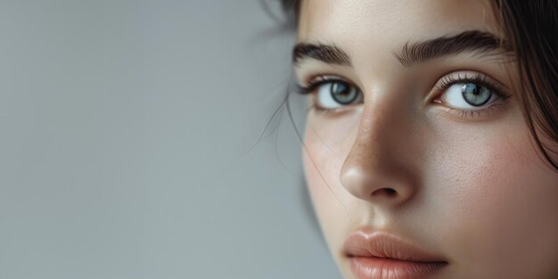 Primer plano retrato de una joven hermosa mujer con maquillaje natural y pestañas largas