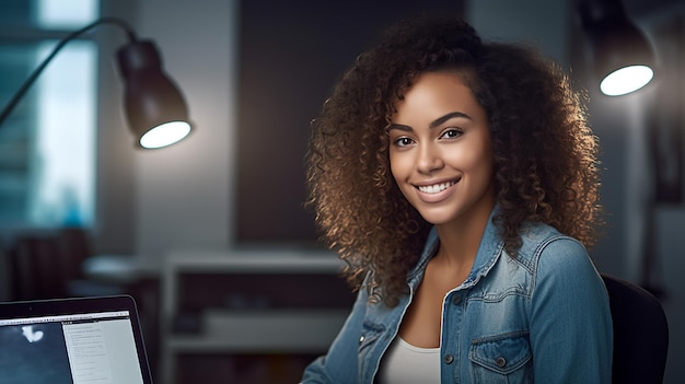 Primer plano retrato de una joven hermosa mujer sonriendo mientras trabaja con una laptop en la oficina Creado con tecnología Generativa de IA