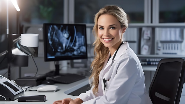 Primer plano retrato de una joven y sonriente doctora caucásica sentada en su gabinete en el hospitalCreado con tecnología de IA generativa