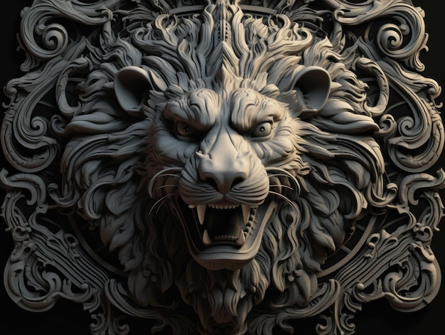 Primer plano retrato de un león con fondo de elementos de tallado en madera de adorno oriental