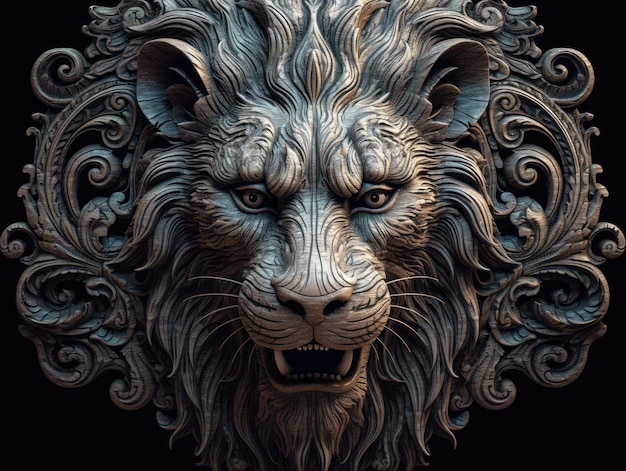 Primer plano retrato de un león con fondo de elementos de tallado en madera de adorno oriental